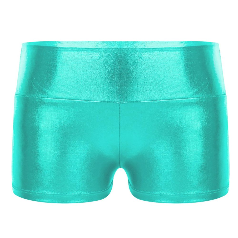 dPois Kids Girls Shiny Metallic Shorts High Waist Yoga Dance Booty Shorts Biketards Bike Dancewear Blue Green 6 Years
