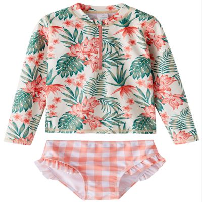 LIBREDGE Toddler Girls' Swim Rashguard 3t Swimsuit Bathing Suit Set Summer Kids Swimwear Rainforest/Palm Leaves,Light Green 3T