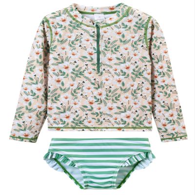 LIBREDGE Toddler Girls 2t Swimsuit Rash Guard Sets 2-Piece Long Sleeve Bathing Suit Floral/Light Green 2T