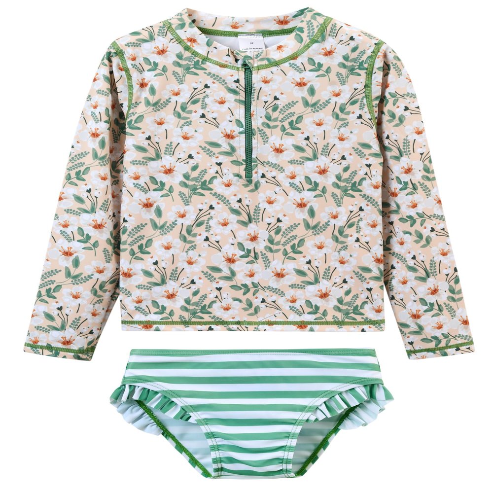 LIBREDGE Toddler Girls 2t Swimsuit Rash Guard Sets 2-Piece Long Sleeve Bathing Suit Floral/Light Green 2T