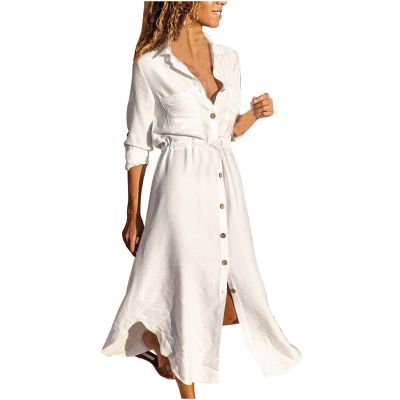 XUNRYAN Women's Summer Linen Button Down Casual Ankle Length Dress with Tie Waist Irregular Hem Shirt Lapel Maxi Dresses White