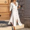 XUNRYAN Women's Summer Linen Button Down Casual Ankle Length Dress with Tie Waist Irregular Hem Shirt Lapel Maxi Dresses White view 2