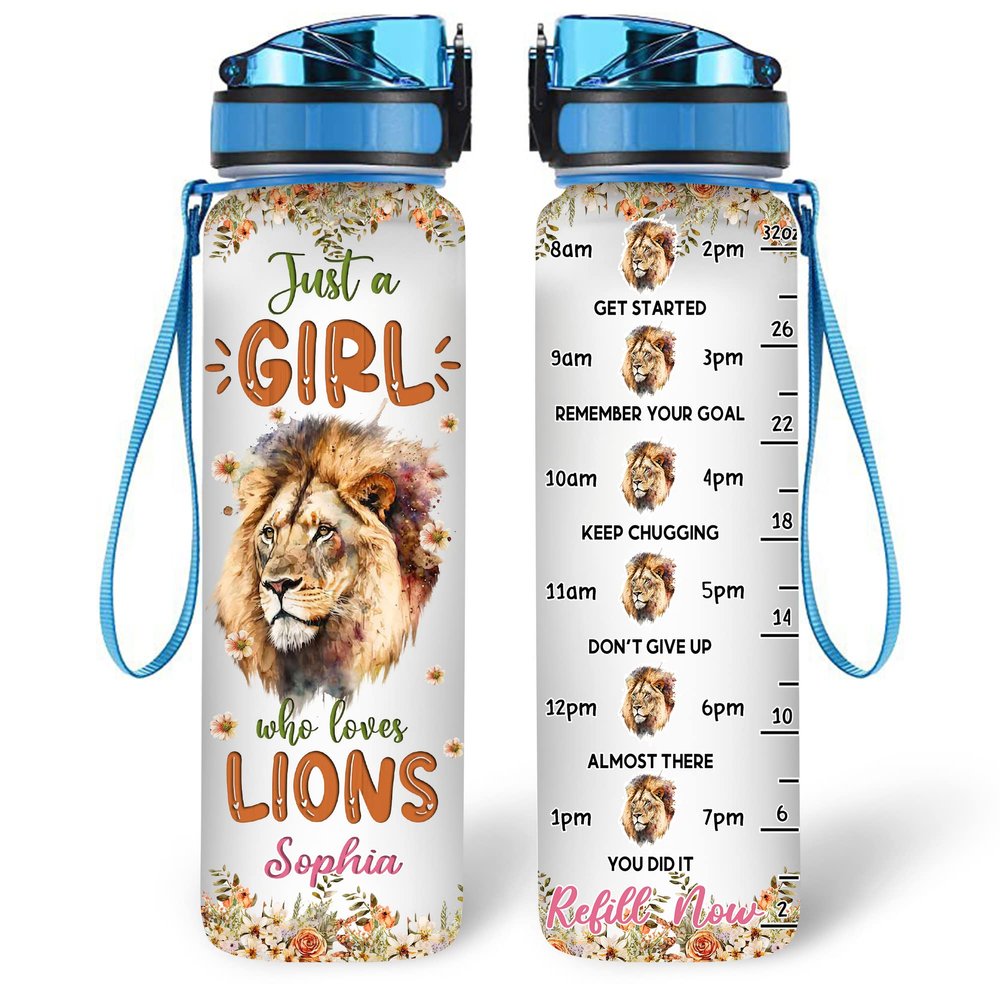 Hyturtle Personalized Lion Lovers 32 Oz 1Liter Motivational Water Bottle With Time Marker, Just A Girl Who Loves Lions, Animal Lovers Gifts For Women, Girl On Birthday, Christmas