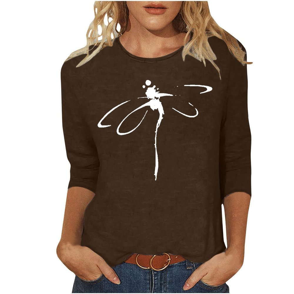 3/4 Sleeve T Shirts for Women Loose Fit Landscape Pattern Print Tops Three Quarter Sleeve Round Neck Blouses Pullover