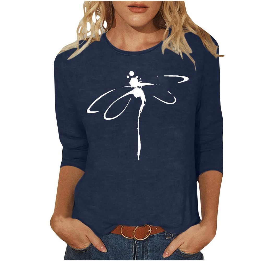 3/4 Sleeve T Shirts for Women Loose Fit Landscape Pattern Print Tops Three Quarter Sleeve Round Neck Blouses Pullover