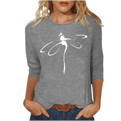 3/4 Sleeve T Shirts for Women Loose Fit Landscape Pattern Print Tops Three Quarter Sleeve Round Neck Blouses Pullover