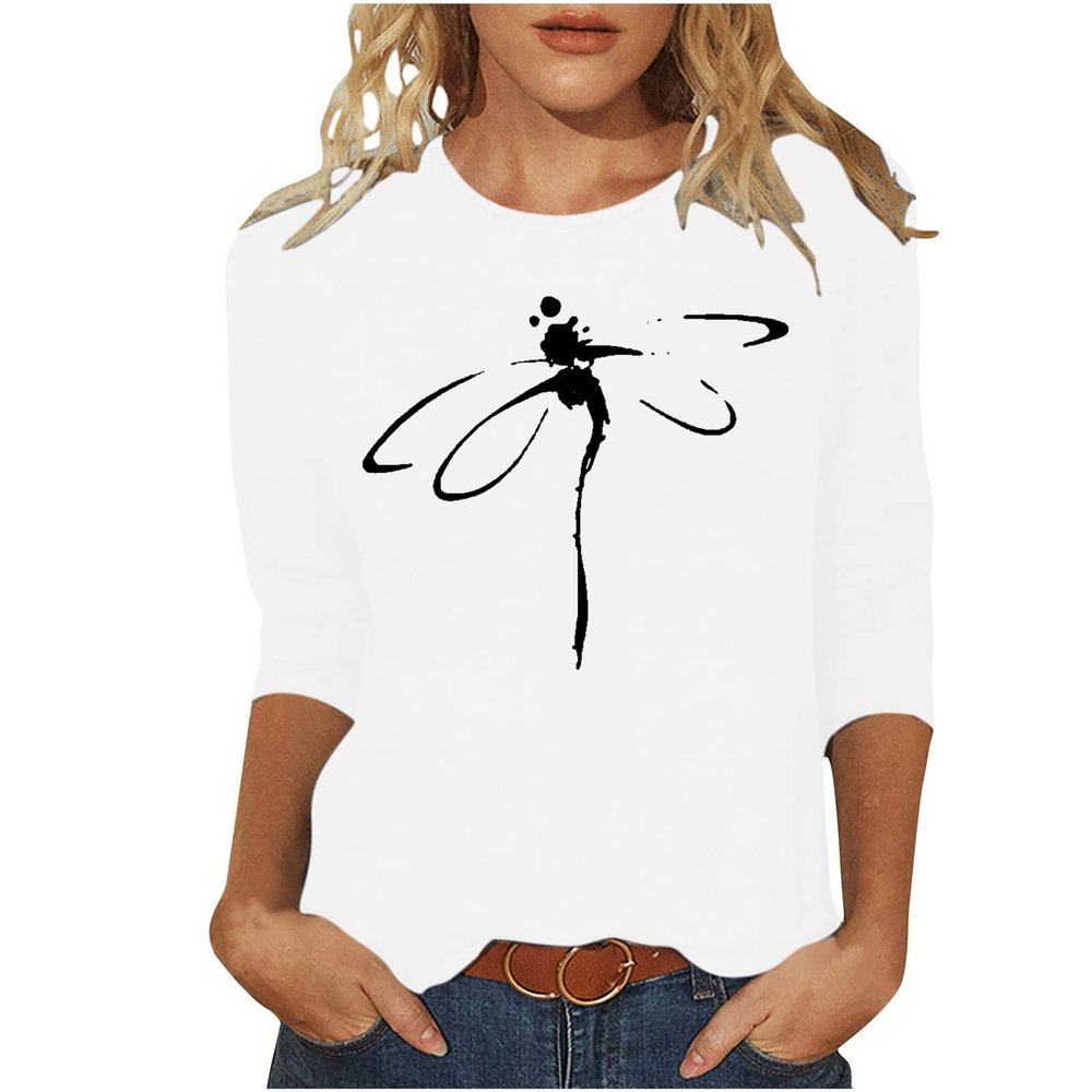3/4 Sleeve T Shirts for Women Loose Fit Landscape Pattern Print Tops Three Quarter Sleeve Round Neck Blouses Pullover