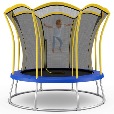 GYMAX Trampoline for Kids, 8/10FT ASTM Approved Recreational Trampoline with All-Round Enclosure & L-Shape Entrance, Flower Shape Indoor Outdoor Backyard Trampoline for Kids and Adults (Yellow, 8 FT)