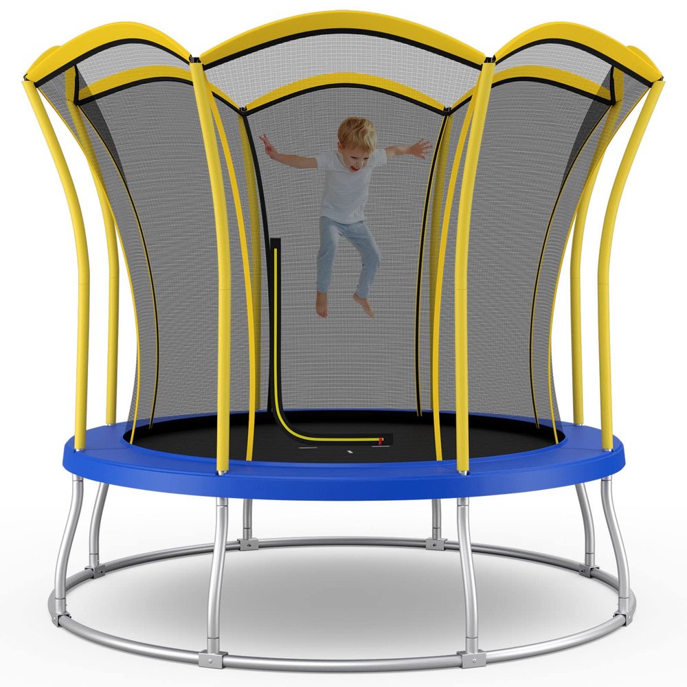 GYMAX Trampoline for Kids, 8/10FT ASTM Approved Recreational Trampoline with All-Round Enclosure & L-Shape Entrance, Flower Shape Indoor Outdoor Backyard Trampoline for Kids and Adults (Yellow, 8 FT)