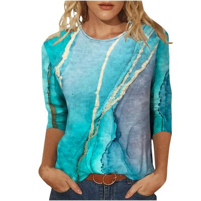 3/4 Length Sleeve Womens Tops Cute Summer Crewneck Shirts Casual Floral Print Trendy Blouses Comfy Loose T-Shirts