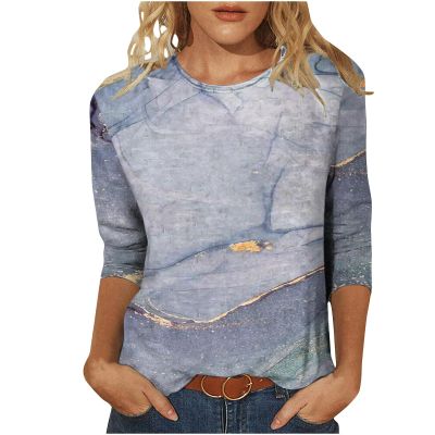 3/4 Length Sleeve Womens Tops Cute Summer Crewneck Shirts Casual Floral Print Trendy Blouses Comfy Loose T-Shirts