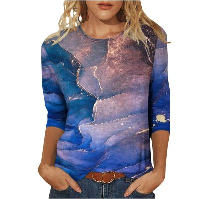 3/4 Length Sleeve Womens Tops Cute Summer Crewneck Shirts Casual Floral Print Trendy Blouses Comfy Loose T-Shirts