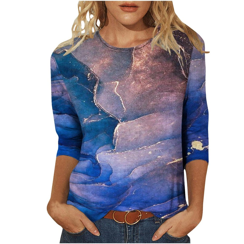 3/4 Length Sleeve Womens Tops Cute Summer Crewneck Shirts Casual Floral Print Trendy Blouses Comfy Loose T-Shirts