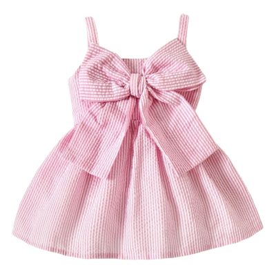 Toddler Baby Girls' Dress Pink Blue Striped Sling Sleeveless Bow Princess Dress Newborn Boy Baby Gift (Pink, 12M)