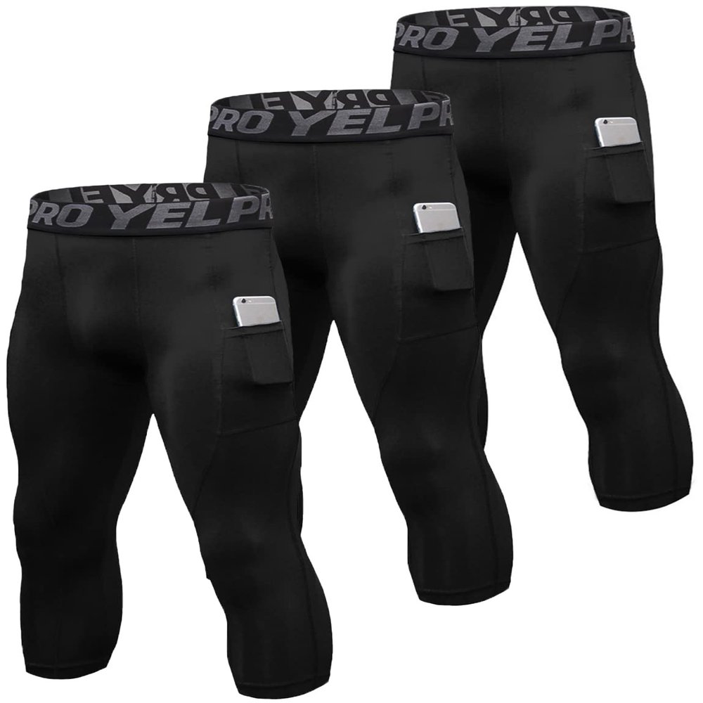 3 Pack Men's Compression Pants 3/4 Workout Dry-fit Baselayers Underwear Sport Tights Running Athletic Leggings Capris