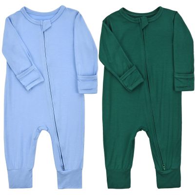 Aablexema Baby Footless Pajamas Zipper with Mitten, Rayon from Bamboo, Infant Long Sleeve Romper Pjs(Blue & Dark Green,6-12m)