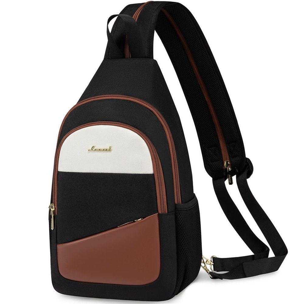 LOVEVOOK Sling Bag for Women, Sling Backpack Crossbody Bag Convertible, Small Diaper Bag Hiking Daypacks Water-resistant, Travel Shoulder Bag Chest Bag, Black Brown Beige