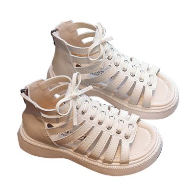 2023 New Girls Fashion Solid Color Soft Sole Zipper Princess Shoes Sandals Slip on Sandals for Girls (Beige, 4 Big Kids)