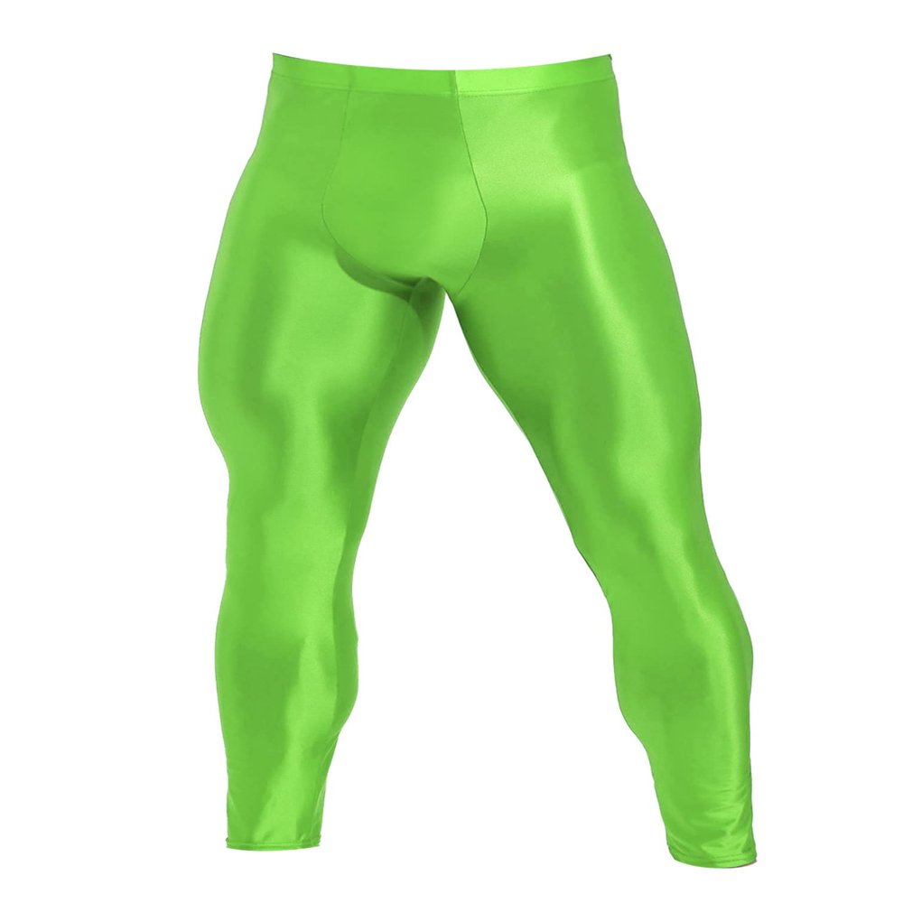 Agoky Men's Glossy Leggings Yoga Skinny Ice Silk Compression Tights Workout Baselayer Pants Fluorescent Green Medium