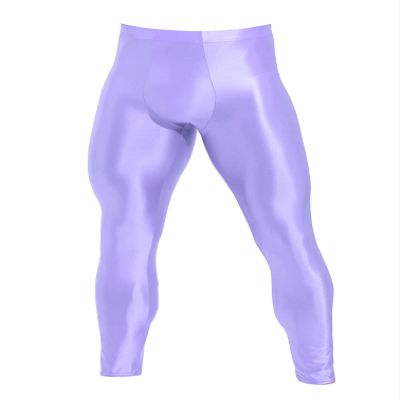 Agoky Men's Glossy Leggings Yoga Skinny Ice Silk Compression Tights Workout Baselayer Pants Light Purple XX-Large