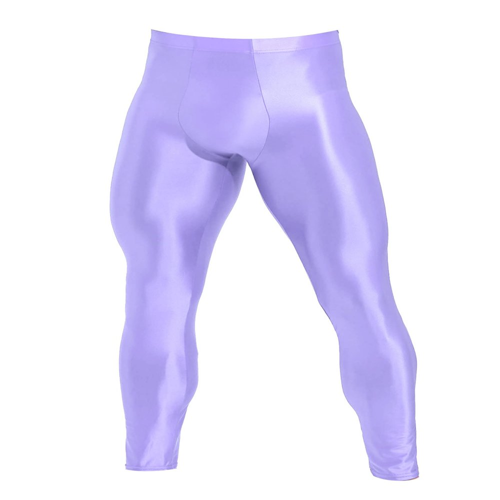 Agoky Men's Glossy Leggings Yoga Skinny Ice Silk Compression Tights Workout Baselayer Pants Light Purple XX-Large