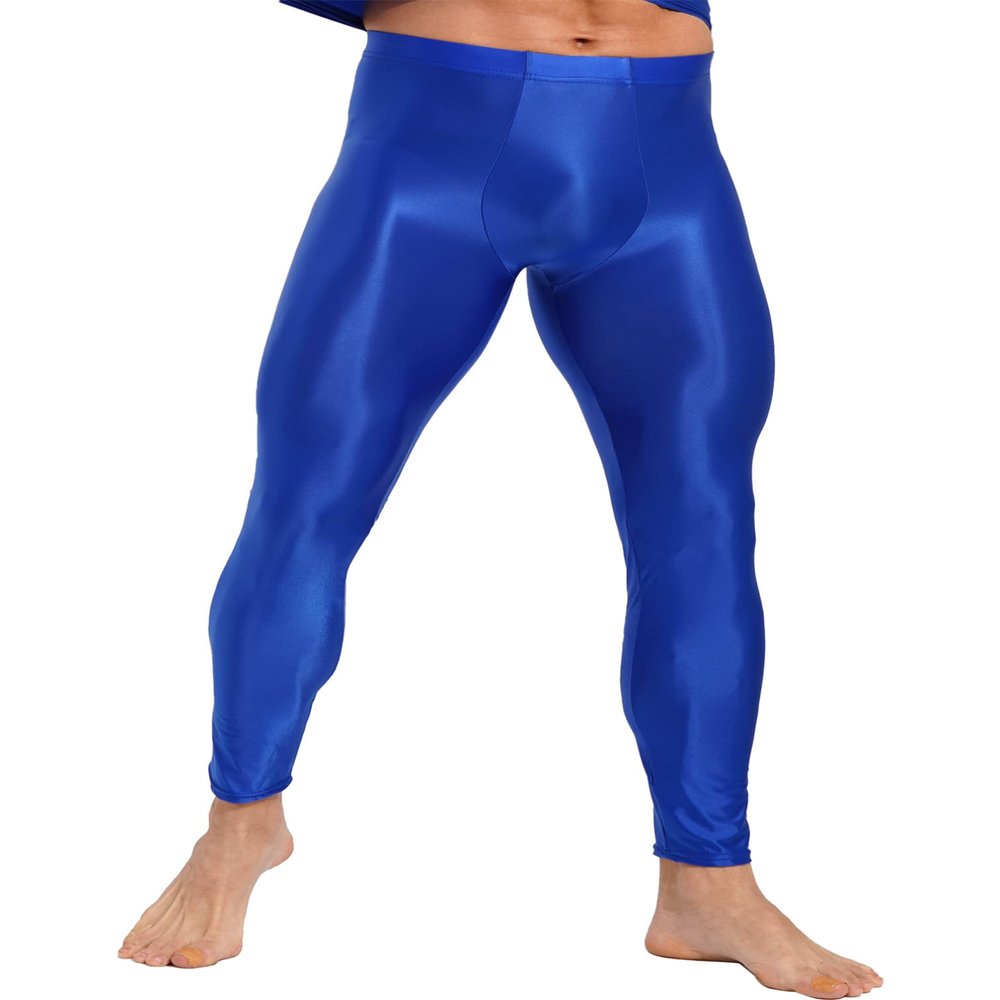 Agoky Men's Glossy Leggings Yoga Skinny Ice Silk Compression Tights Workout Baselayer Pants Blue XX-Large