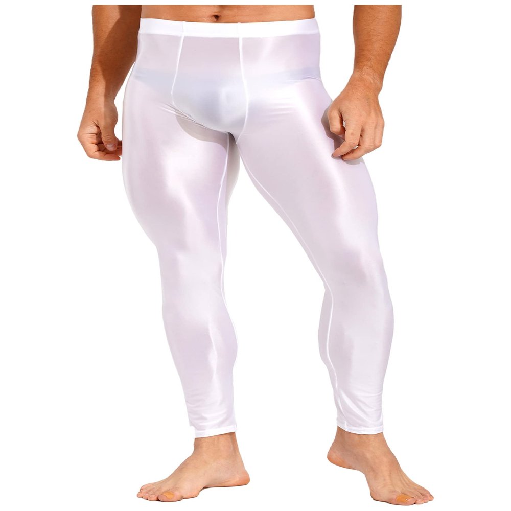 Freebily Men's Compression Tights Leggings Yoga Running Sports Workout Baselayer Ice Silk Pants White Large