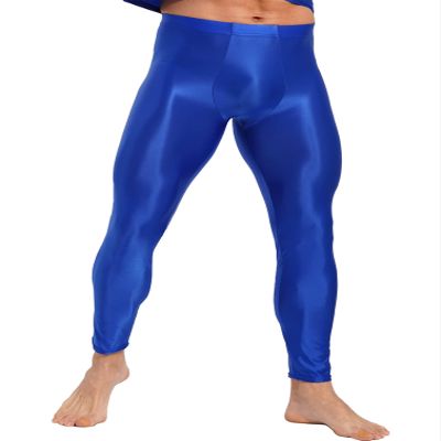 Agoky Men's Glossy Leggings Yoga Skinny Ice Silk Compression Tights Workout Baselayer Pants Blue Large