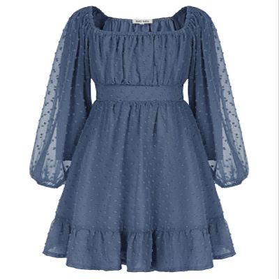 GRACE KARIN Girls Long Sleeve Ruffle Off Shoulder A-Line Swiss Dot Casual Dress Steel Blue 12Y