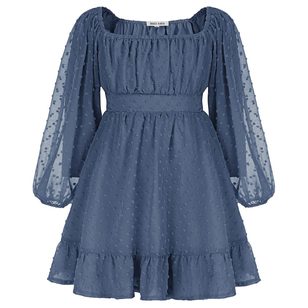 GRACE KARIN Girls Long Sleeve Ruffle Off Shoulder A-Line Swiss Dot Casual Dress Steel Blue 12Y