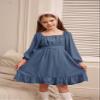 GRACE KARIN Girls Long Sleeve Ruffle Off Shoulder A-Line Swiss Dot Casual Dress Steel Blue 12Y view 2