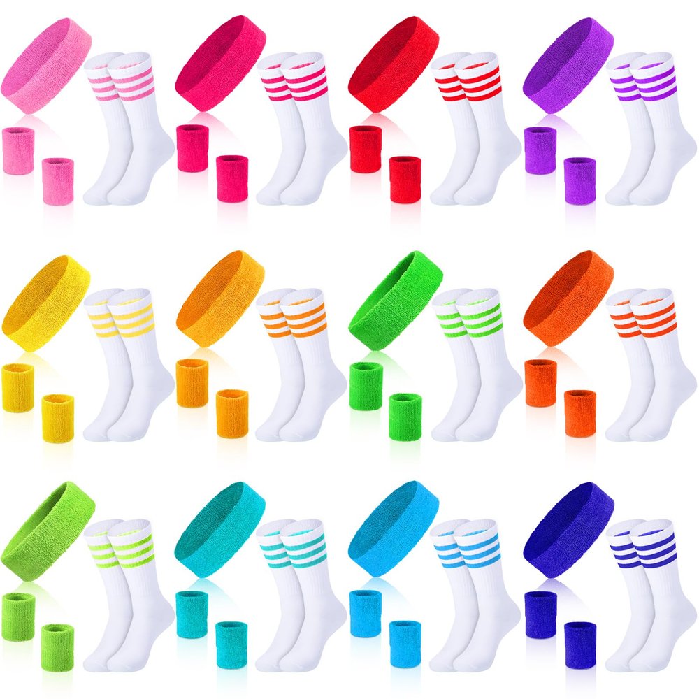 Hillban Sweatband and Stripe Sock Set Neno Wrist Sweat Band Sport Headband Wristband for Men Women 80s Party Accessories(12 Set,Neon Color)