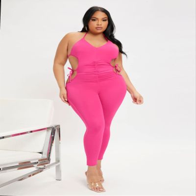 MEGCI Plus Solid Cut Out Knot Side Tie Backless Sports Unitard (Color : Hot Pink, Size : 3X-Large)