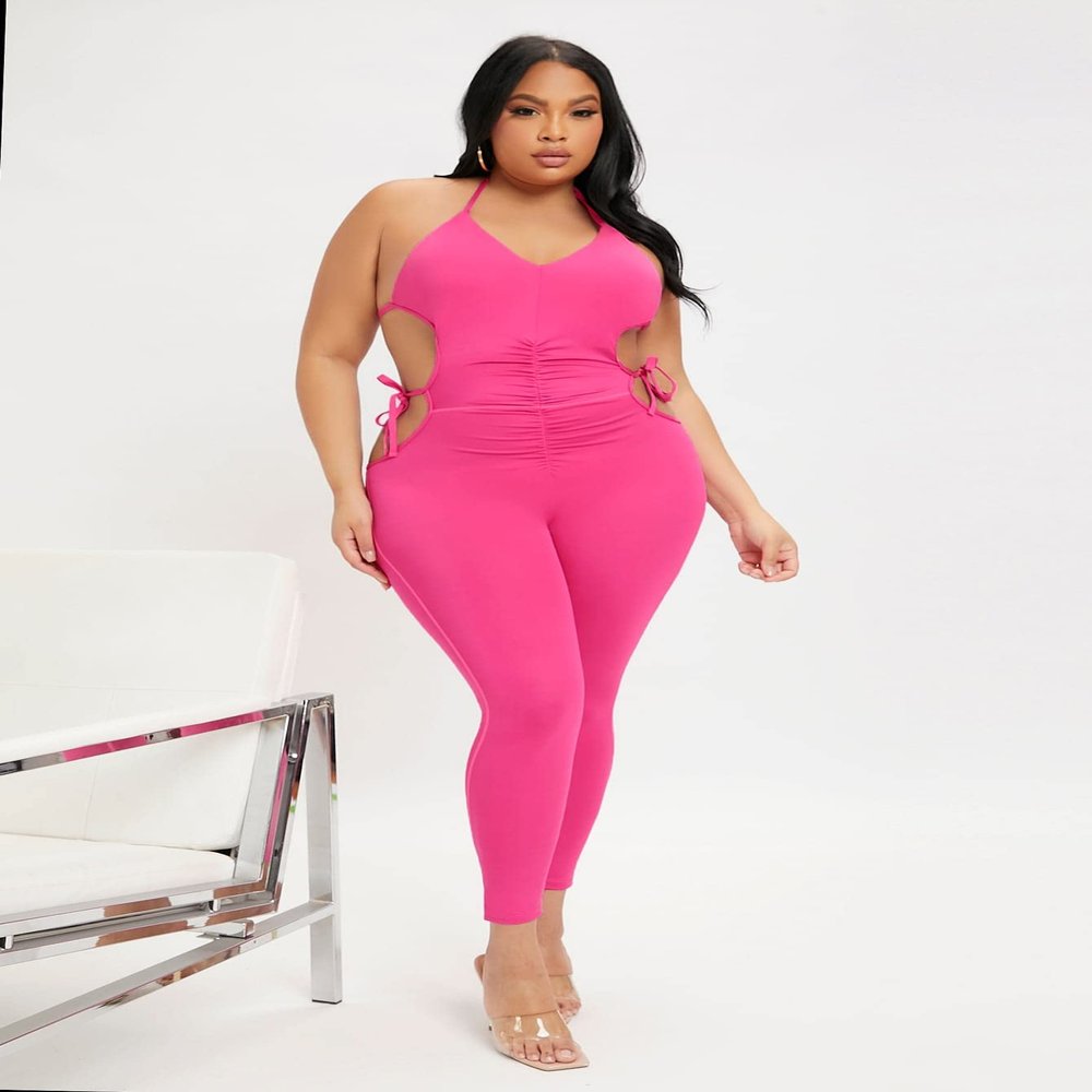 MEGCI Plus Solid Cut Out Knot Side Tie Backless Sports Unitard (Color : Hot Pink, Size : 3X-Large)