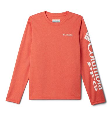 Columbia Youth Boys Terminal Tackle Heather Long Sleeve, Bright Poppy Heather/White Logo, X-Large