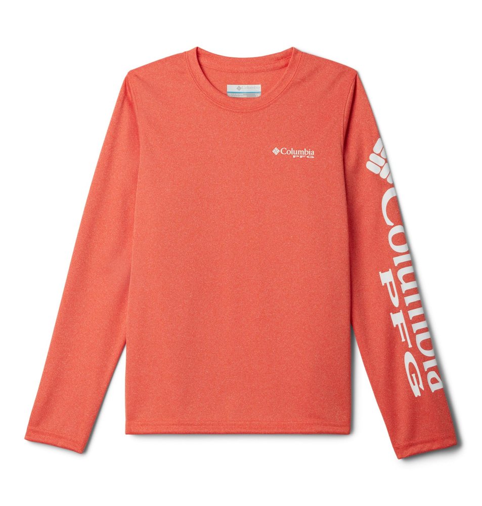 Columbia Youth Boys Terminal Tackle Heather Long Sleeve, Bright Poppy Heather/White Logo, X-Large