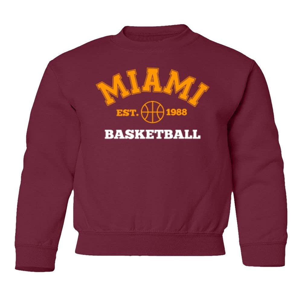 superhotapparel Miami Est. 1988 Basketball Fans Youth Crewneck Sweatshirt (Maroon, Youth Large)