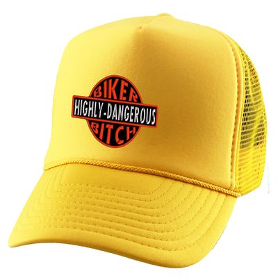 ALLNTRENDS Biker Highly Dangerous Embroidered Trucker Hat Adult Baseball Cap Adjustable Snapback (Gold)