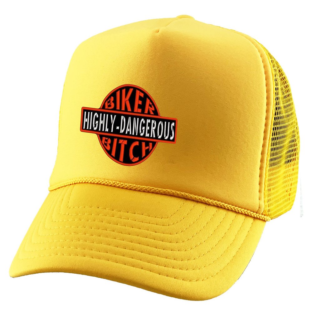 ALLNTRENDS Biker Highly Dangerous Embroidered Trucker Hat Adult Baseball Cap Adjustable Snapback (Gold)