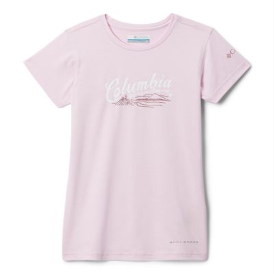 Columbia Youth Girls Mission Peak Short Sleeve Graphic Shirt, Pink Dawn/Scripted Scene, Large