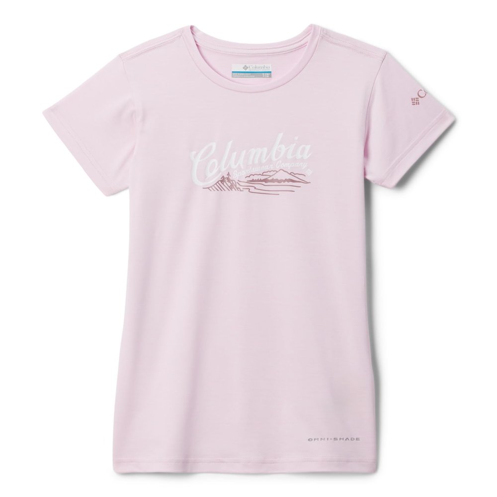 Columbia Youth Girls Mission Peak Short Sleeve Graphic Shirt, Pink Dawn/Scripted Scene, Large