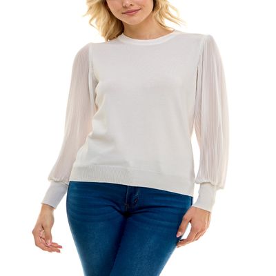 Zac & Rachel Womens Sweater Knit + Pleated Chiffon Blouse, Gardenia, XL
