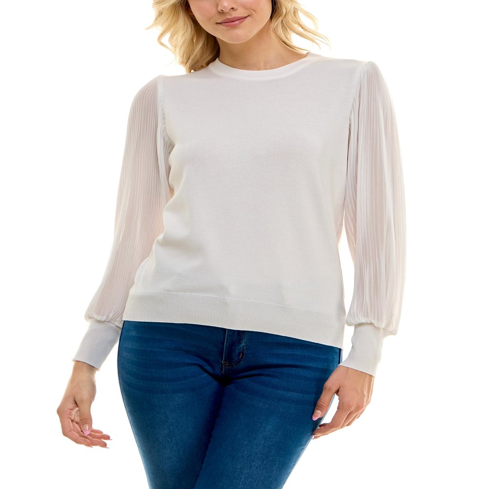 Zac & Rachel Womens Sweater Knit + Pleated Chiffon Blouse, Gardenia, XL