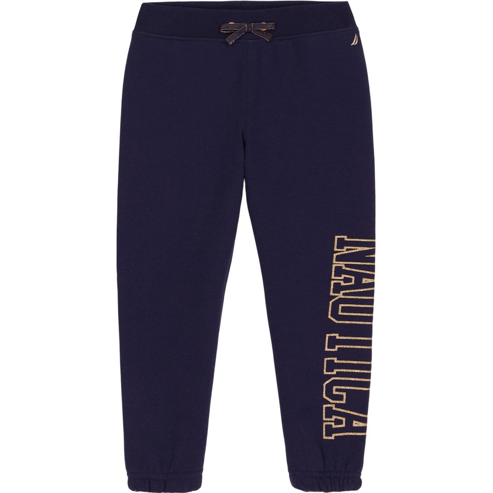 Nautica Girls' Logo Sweatpants, Fleece Joggers with Ribbed Cuffs & Functional Side Pockets, Peacoat Glitter Art, 7