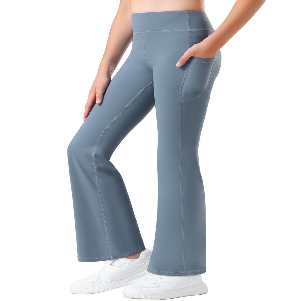 Stelle Girl's Flare Leggings with Pockets High Waisted Bootcut Yoga Pants Kids Dance Bell Bottoms Leggings(Grey Blue,L)