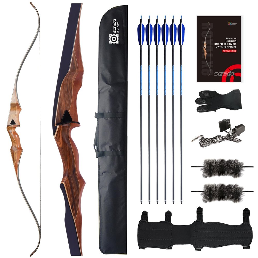 Sanlida Archery 60" Royal X8 One-Piece Bow Traditional Wooden Hunting Bow Handmade Hunting Bow and Arrows Kit for Adults & Traditional Archers, RH Only (35lbs, Dark Wood)