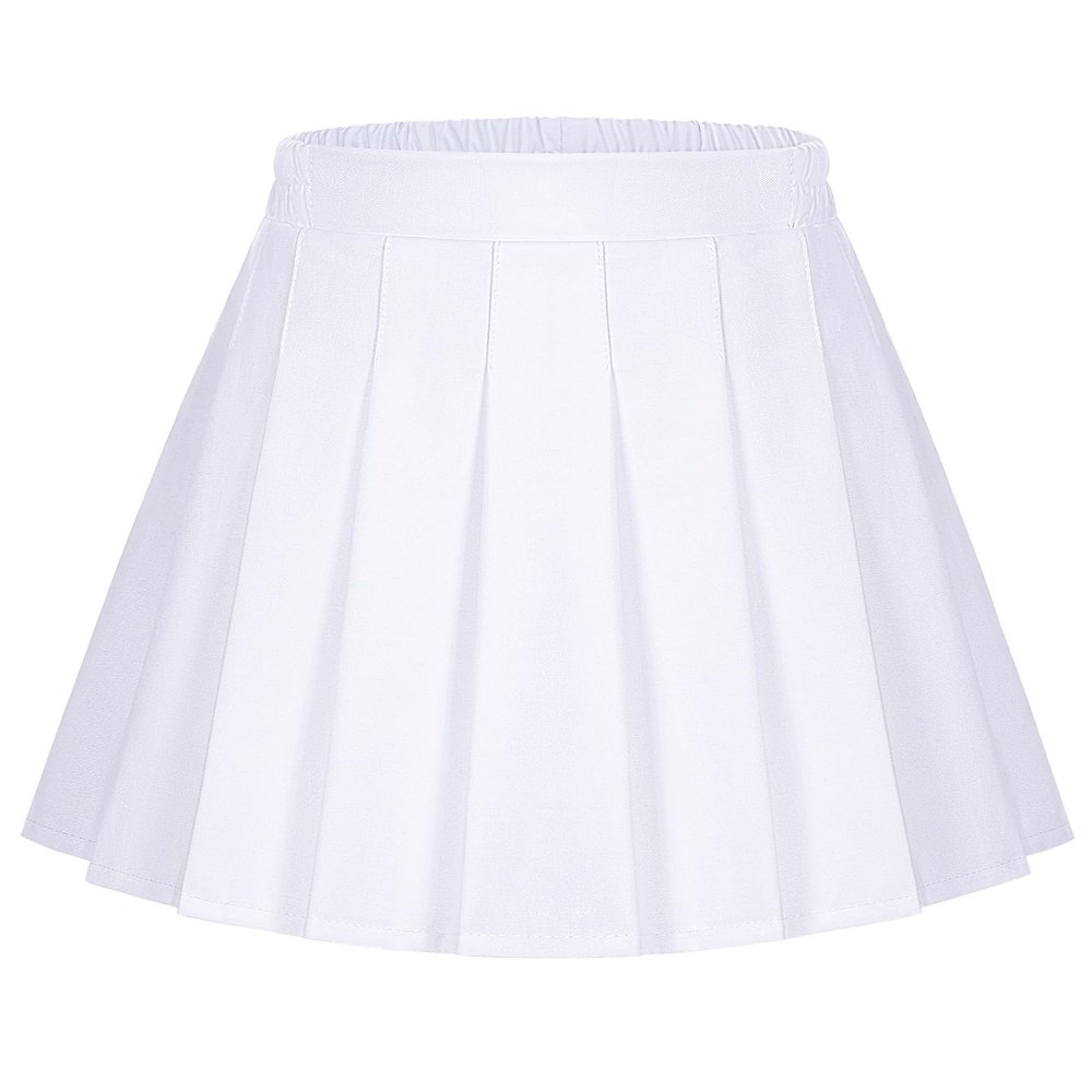 Auranso Girls Pleated Skirt Kids Tennis Elastic Waist Uniform Plaid Skirt White 8-9Y