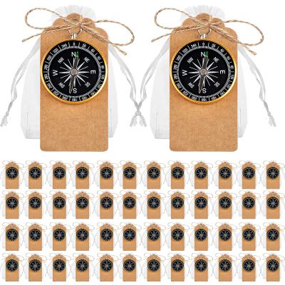50 Sets Mini Compass Favors-Joyfulmap Compass Favors with Kraft Tags and DrawstringMini Compass Decorations for Weddings-Travel-Nautical-Birthday Themed Party Decorations(Golden)