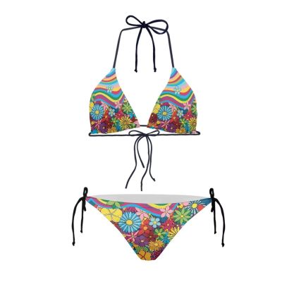 JEOCODY Boho Hippie Bikini Sets for Women 70s 80s Hawaiian Floral Women's High Waist Halter Set Two Piece Swimsuits String Triangle Beach, Boho Hippie Daisy Flower, X-Large