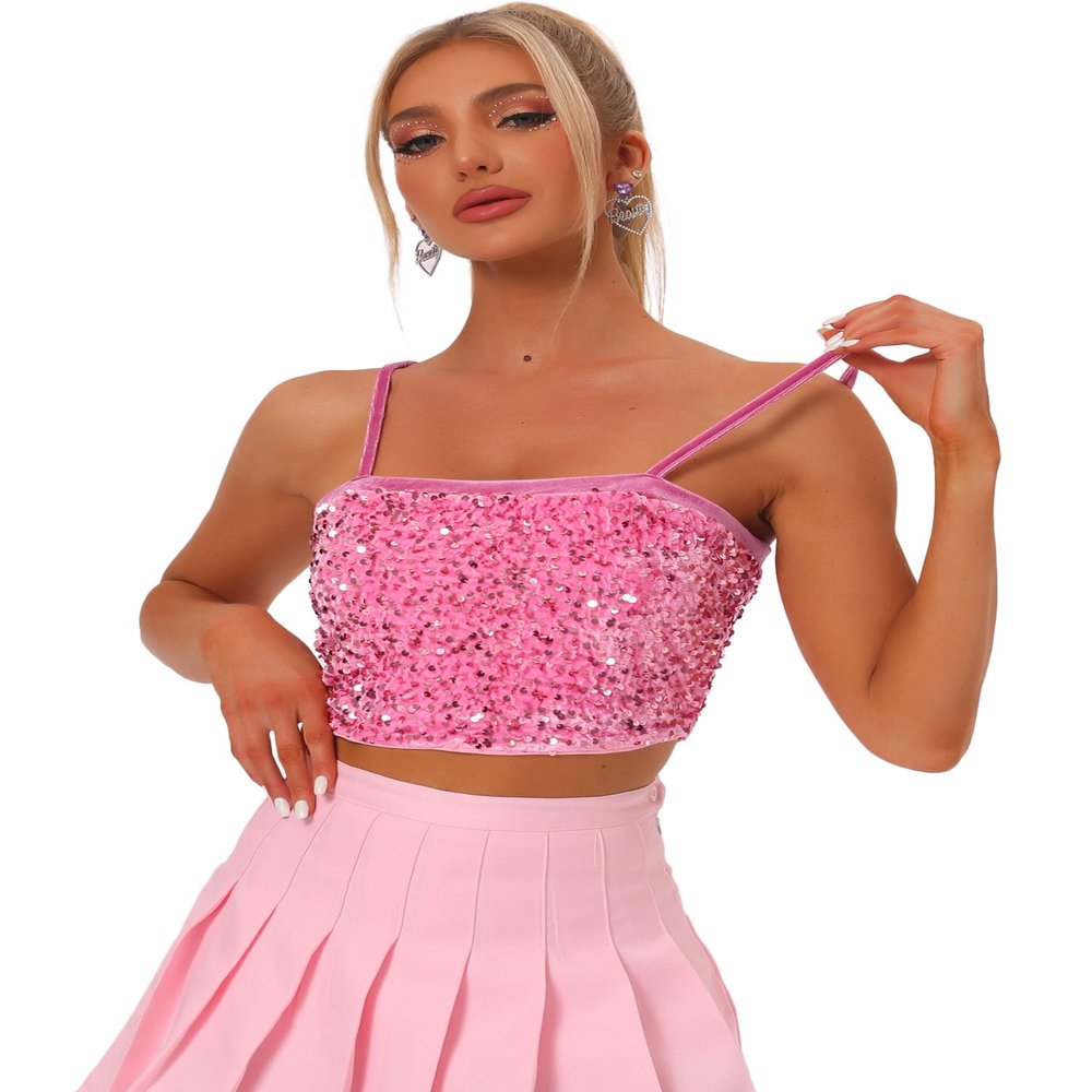Allegra K Sequined Cami Top for Women's Velvet Spaghetti Strap Club Party Crop Tank Tops Large Light Pink